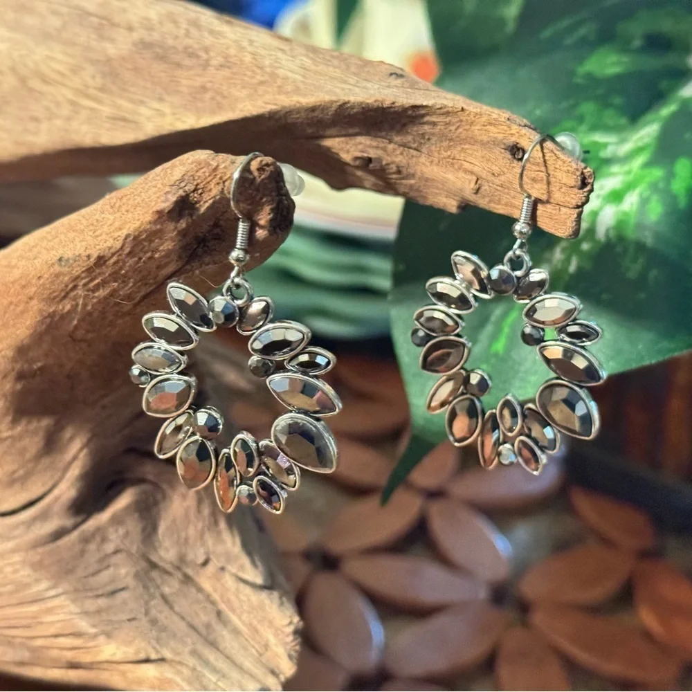 Silver Statement Teardrop Cluster Hoop Earrings